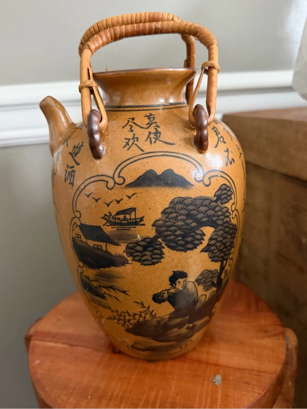 Vintage Chinese Decorative Ceramic Teapot hanging jug Vase with Bamboo Handle
